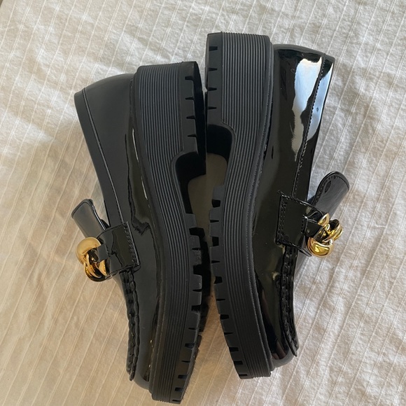 New Wide Black Patent Gold Chain Slip On Platform Penny Loafers - Picture 3 of 8